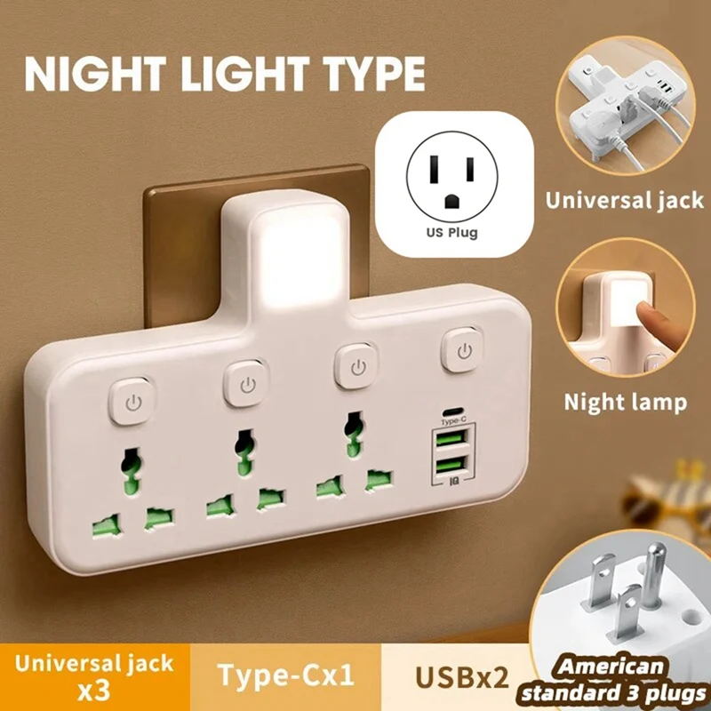 Multi Outlet Power Strip Wall Socket Universal Network Filter USB Charger Separate Switch Adapter with Light US Plug-ABWO