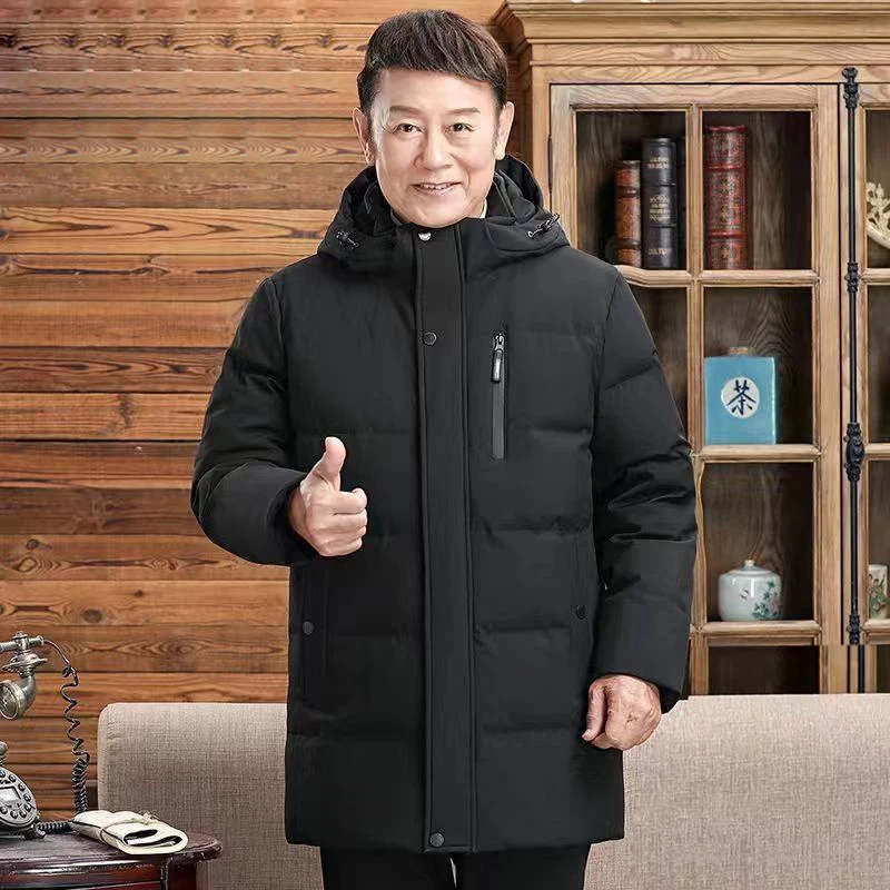 

Men's High Quality Medium To Long Down Jacket Man Winter Middle-aged And Elderly Leisure Thick Warm Hooded Duck Down Puffer Coat