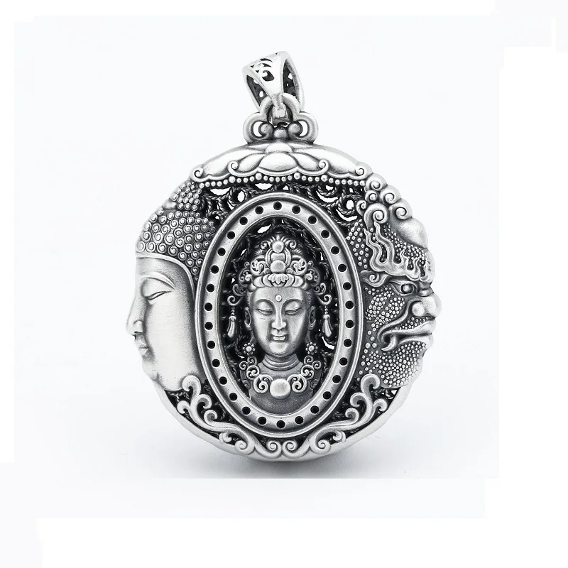 

Real Silver3D Hollowed Carved Three-faced Buddha Lucky Chain Pendant Men Women Male S999 Silver Retro Round Necklace Pendants