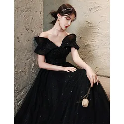 New Black Off Shoulder Evening Dress 2024 High End Banquet Temperament Light Luxury Ceremony One Shoulder Length Dresses