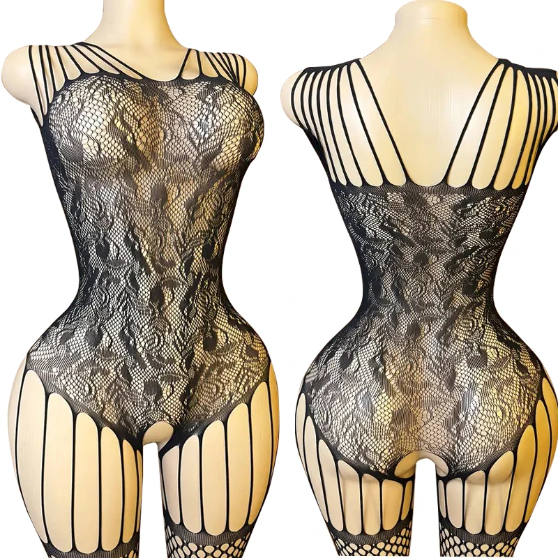 Sexy Crotchless Blue Lingerie Women Lace Hollow Bodysuit Erotic Pajamas Teddy Babydoll Dress Deep V Open Bra Porn Underwear Set