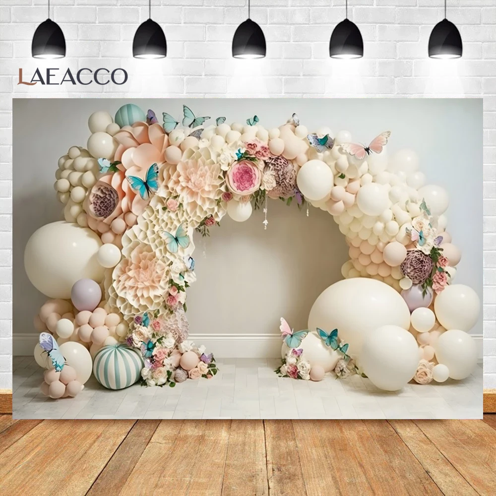 Flowers Butterfly Girls Birthday Backdrop Balloons Arch Door Baby Shower Cake Smash Portrait Photography Background Photo Studio