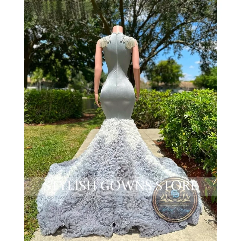 Customized African Silver Ruffles Prom Dress Rhinestones Long Mermaid Black Girls Birthday Dress Formal Party Gowns