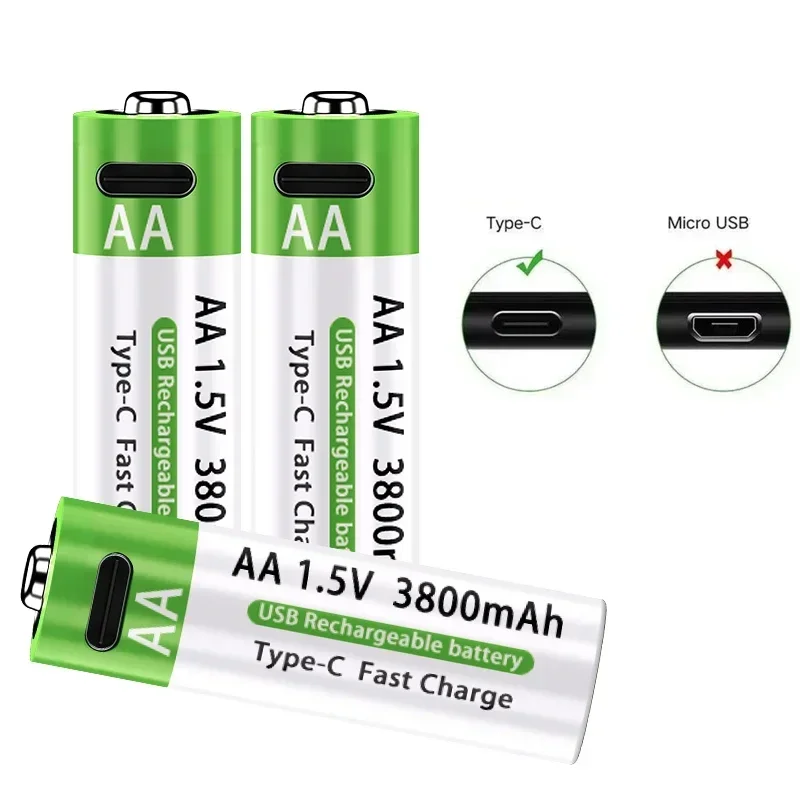 LIKEKALA بطاريات ليثيوم أيون AA قابلة للشحن USB ليثيوم أيون 3800 مللي أمبير 1.5 فولت AA بطاريات قابلة للشحن + كابل بيانات وصندوق تخزين