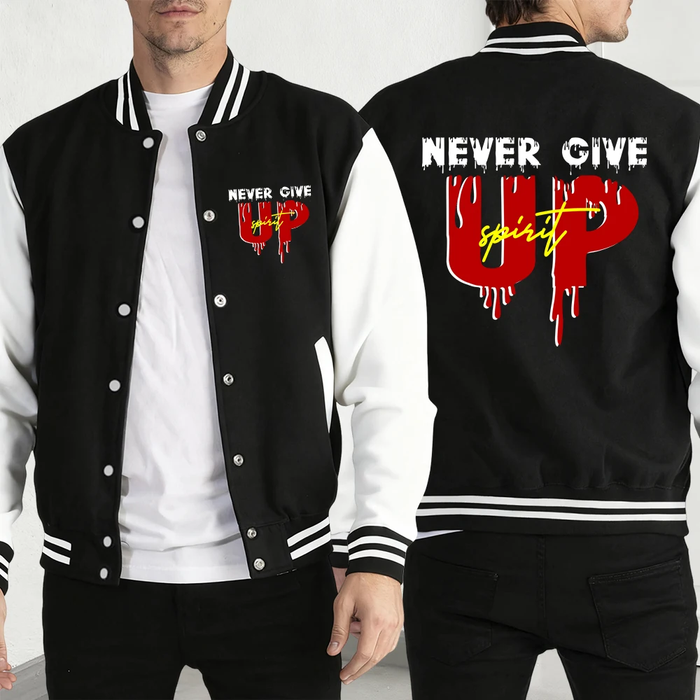 

Never Give Up Printing Baseball Jersey For Men Casual Street Vintage Jacket Fashion Fleece Clothing Unisex Autumn Warm Coats