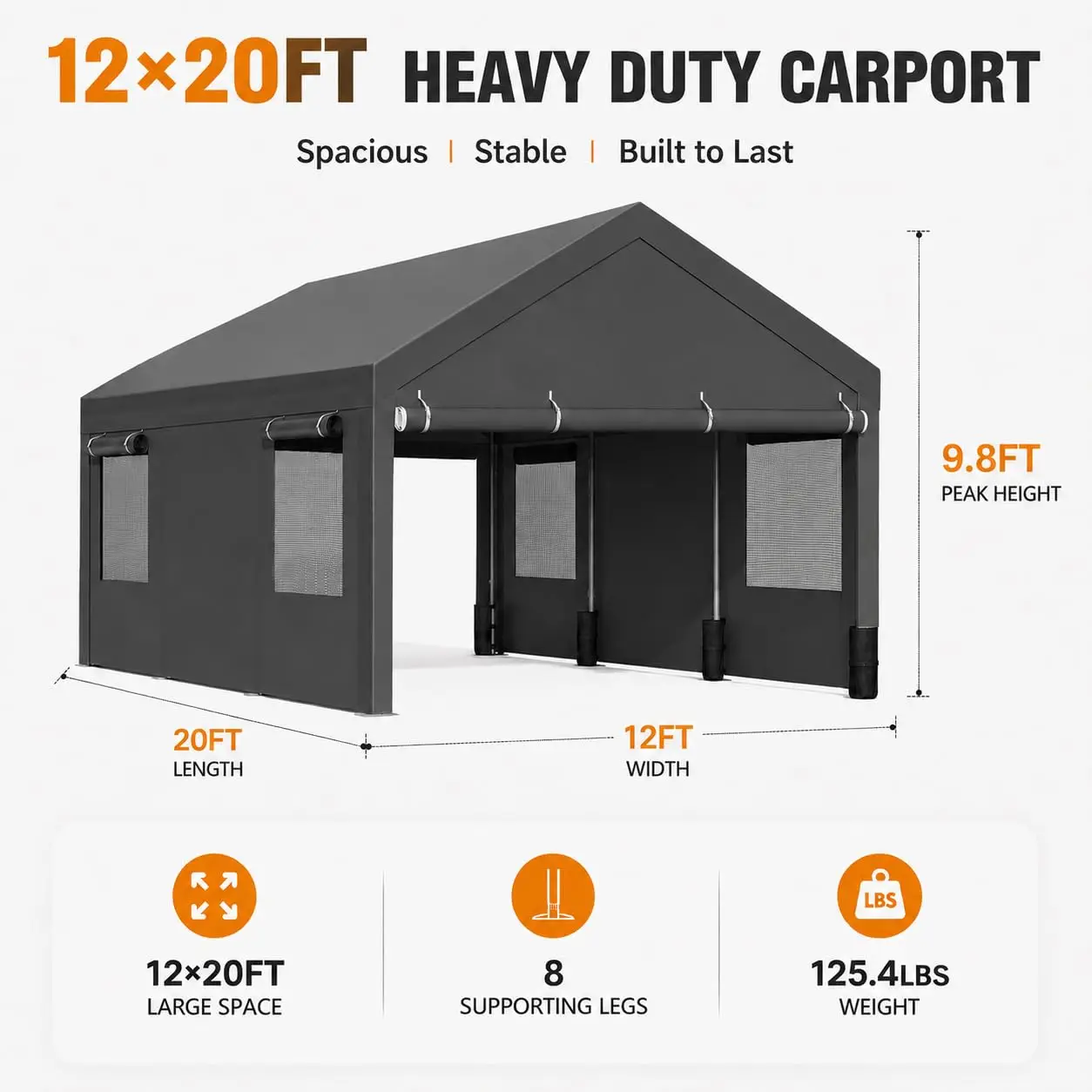 12x20 Heavy Duty Carport Truck SUV 8 Legs PE Tarp Roll-Up Windows Removable Sidewalls UV Resistant Steel Frame, Customized