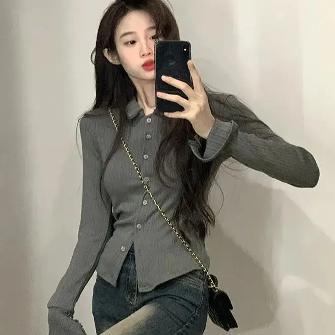 Polo Collar Long-Sleeved Shirt Autumn New Style Women Pure Lust Style Slim Design Versatile Right Shoulder Hot Girl Top