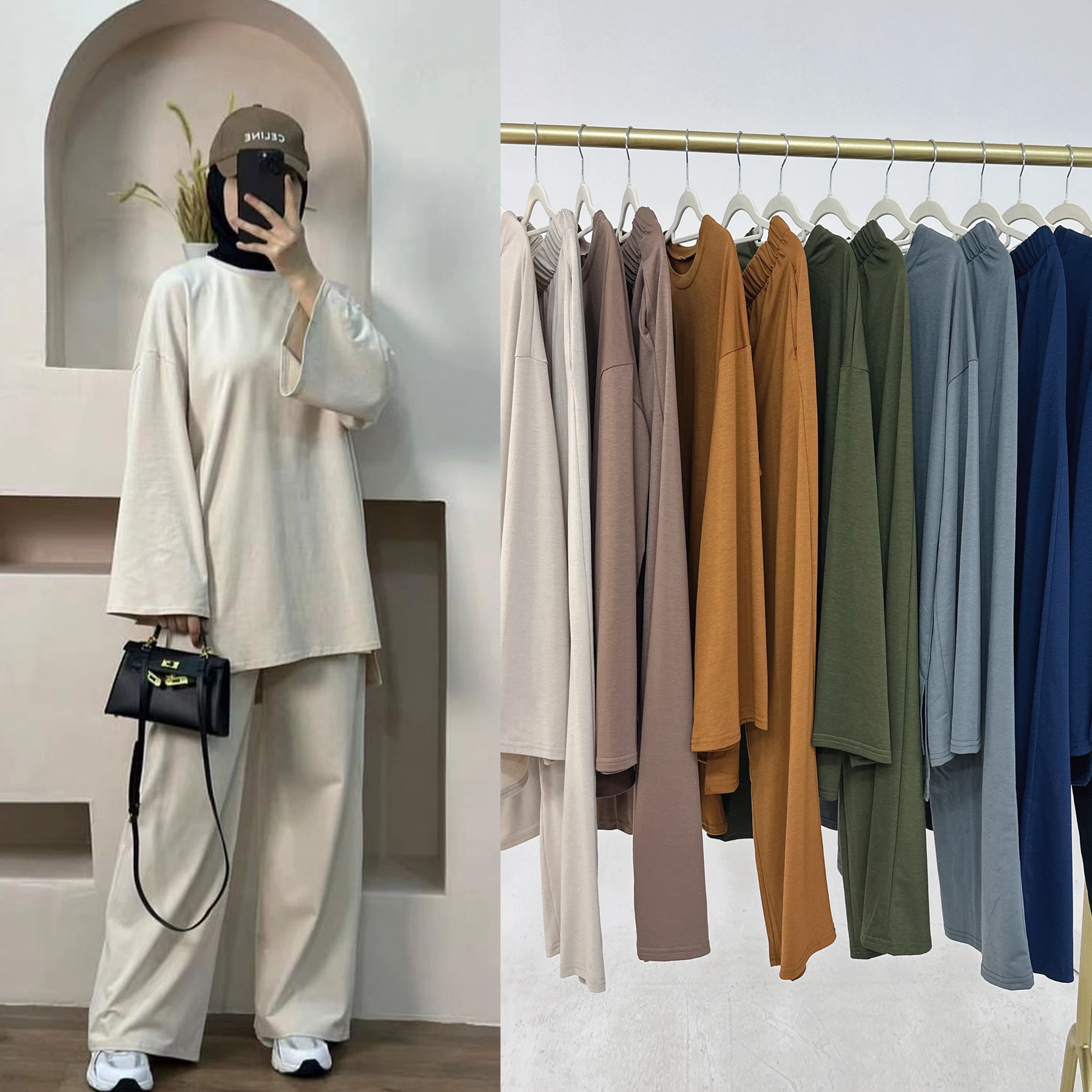 

Wholesale Oem Islamic Clothing Cotton Polyester 2 Piece Abaya Set Top and Pants Set With Pockets Winter Abaya Women