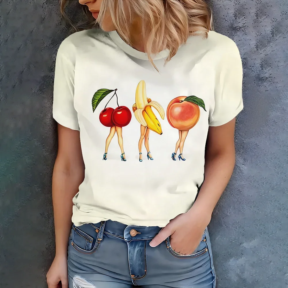 Women's White Red Yellow Orange Fruit Girls Print T-Shirt - Playful Fashion Casual Summer Design Short Sleeve
