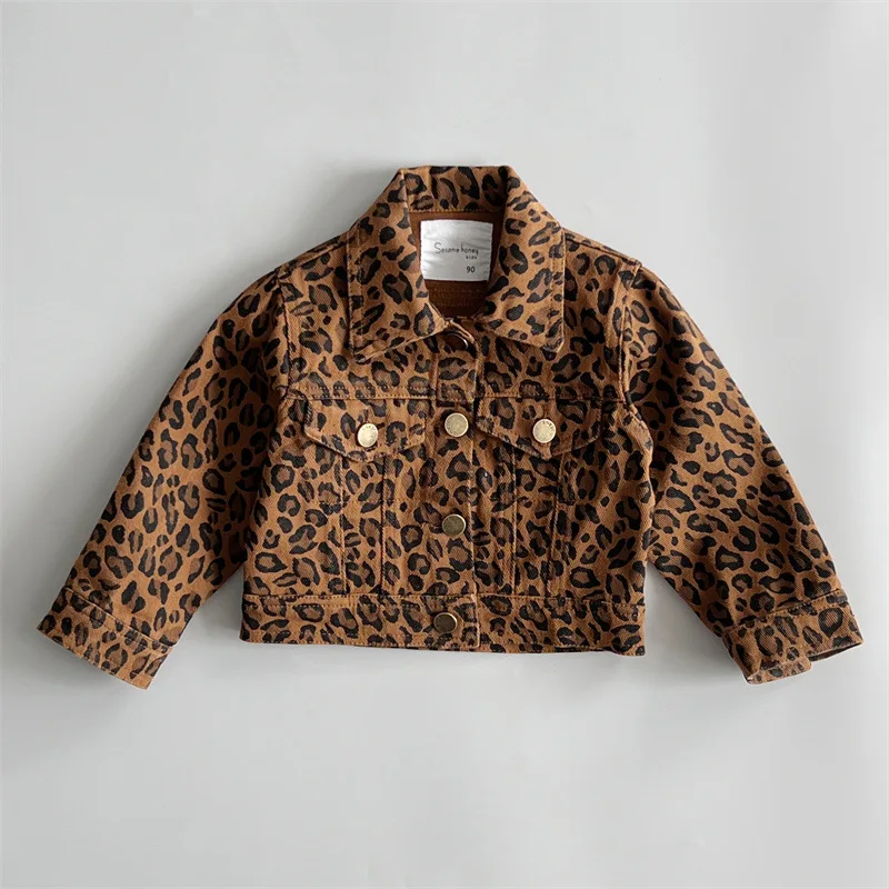 Japanese Medieval Children\'s Clothing Children\'s Leopard Print Jacket Trendy Version Denim Top Baby Girl Clothes  Winter Jacket