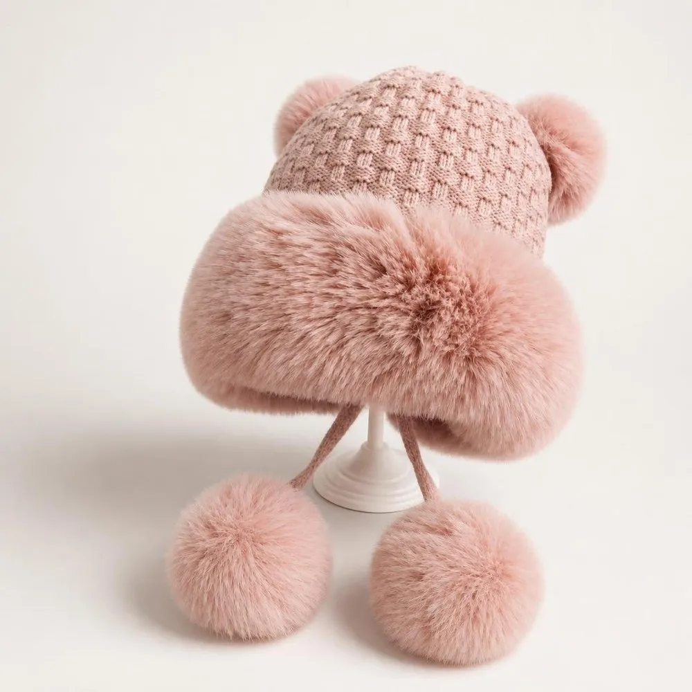 Fashion Lined Bear Ear Knit Hat Windproof Thermal Insulation Earflap Hat Fluffy 4 Pom Poms Winter Knit Cap Cold Weather