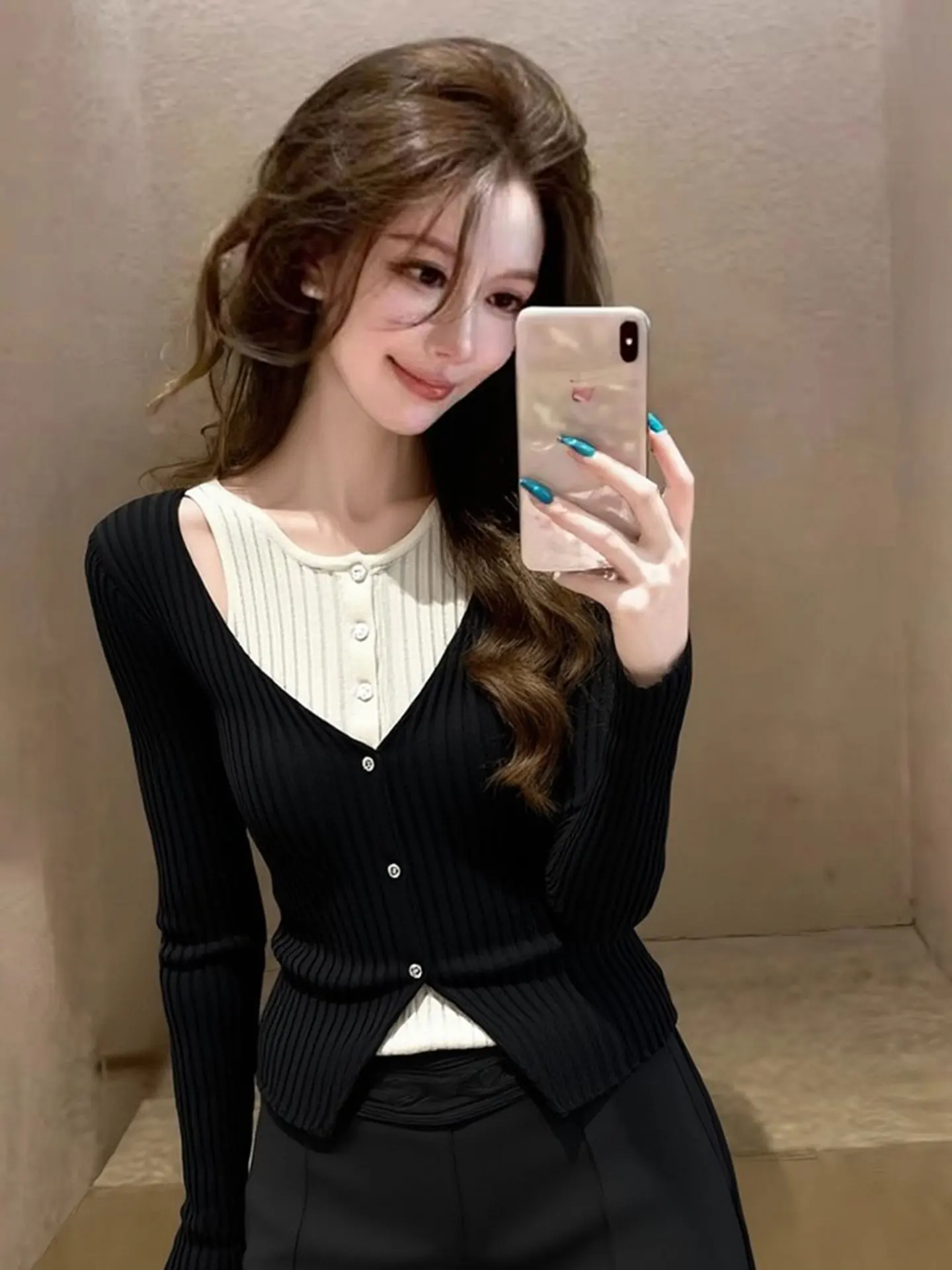 

Trendy Color Blo Long Sve Knitted Top Slim Fit Base Layer irt Spring Commute Korean Sle Regular Fit Medium Softn