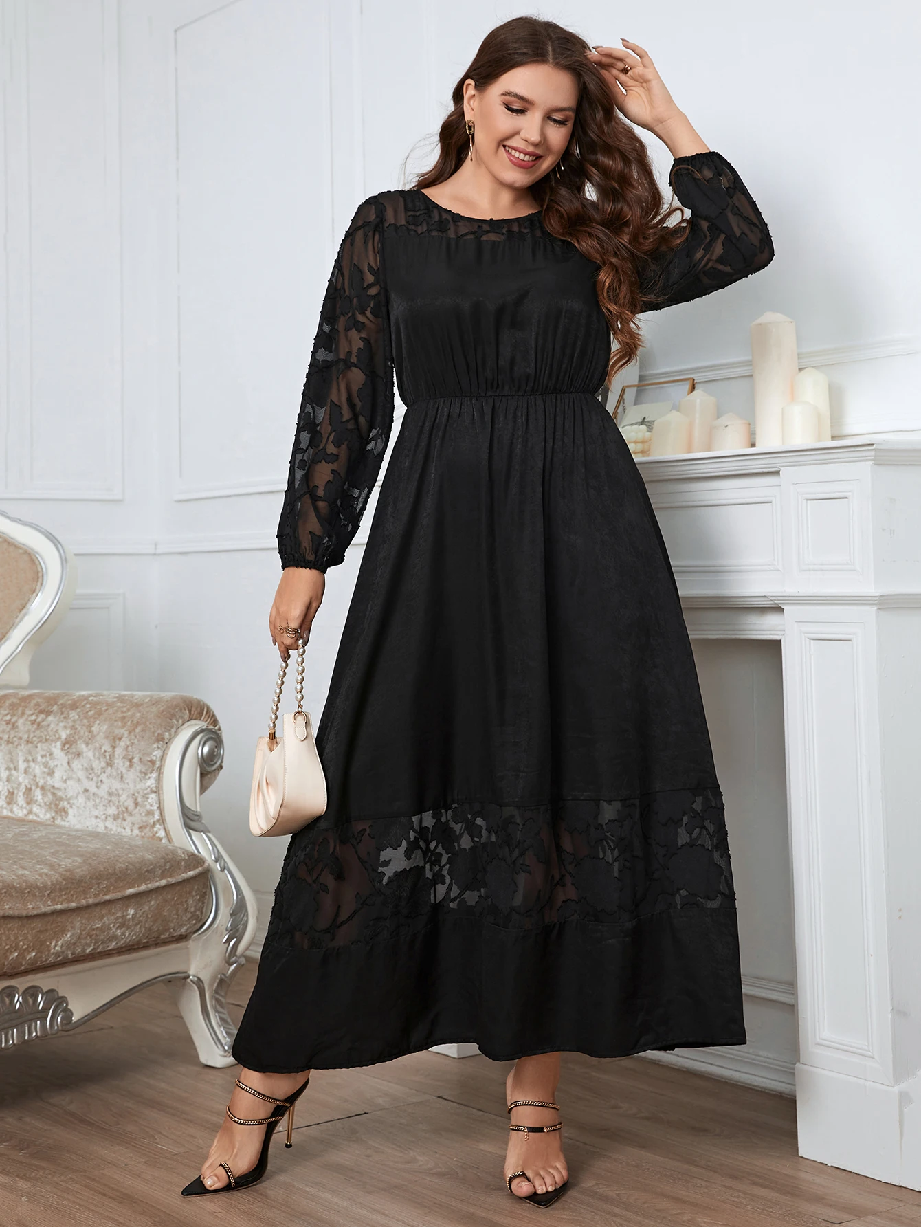 KEBY ZJ Plus Size Clothing Party Dresses for Women 2022 Casual Black Lace Long Sleeve O-Neck Elegant Female Evening Maxi Dress