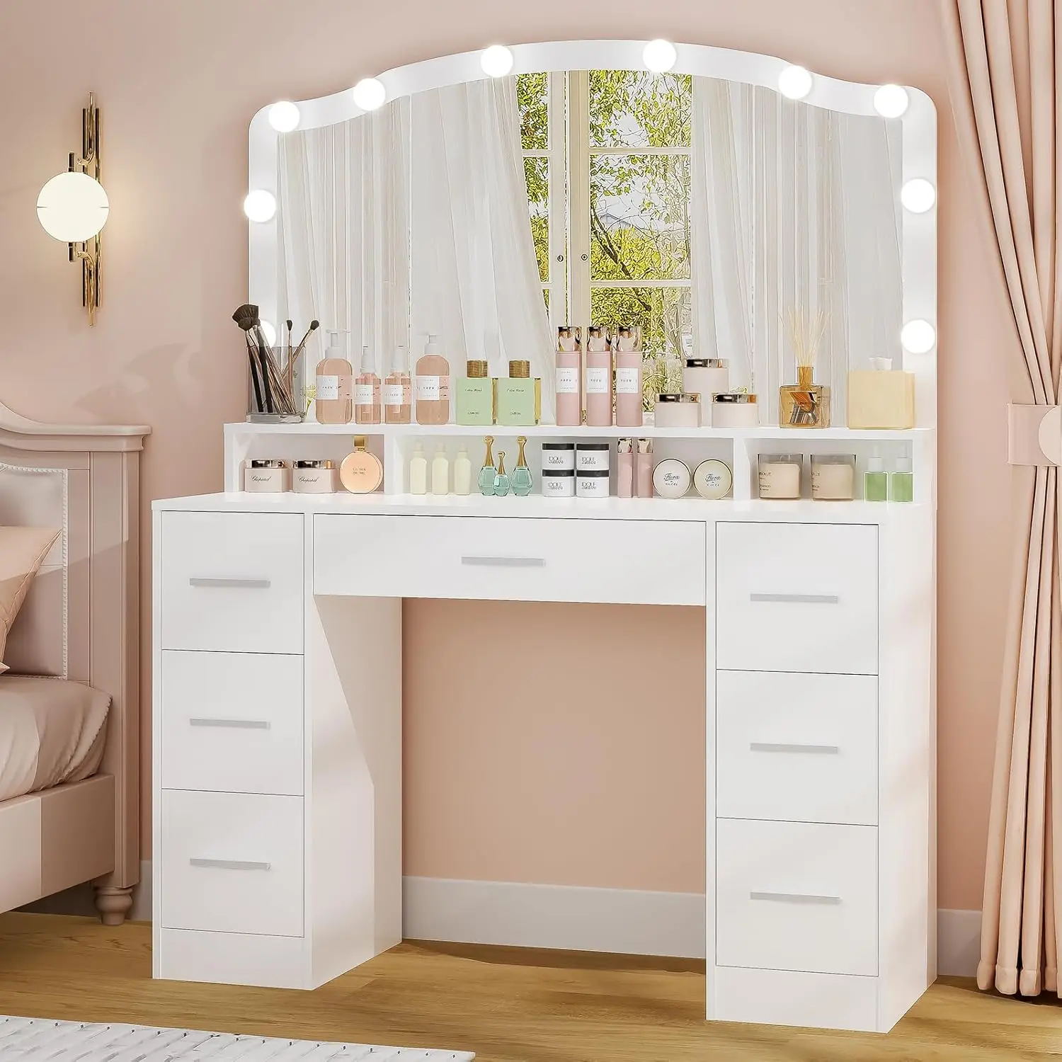 43.3" Vanity Desk with Large Lighted Mirror, Makeup Vanity Table with 7 Drawers & 10 Lights Bulbs, 3 Lighting Colors