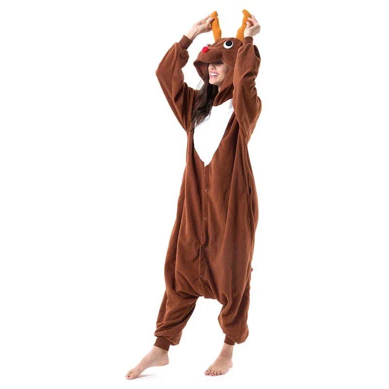 Christmas Deer Dark Brown Halloween Onesie Animal Kigurumi Pajamas Adult One-Piece Pijama Winter Cartoon Jumpsuit Sleepwear