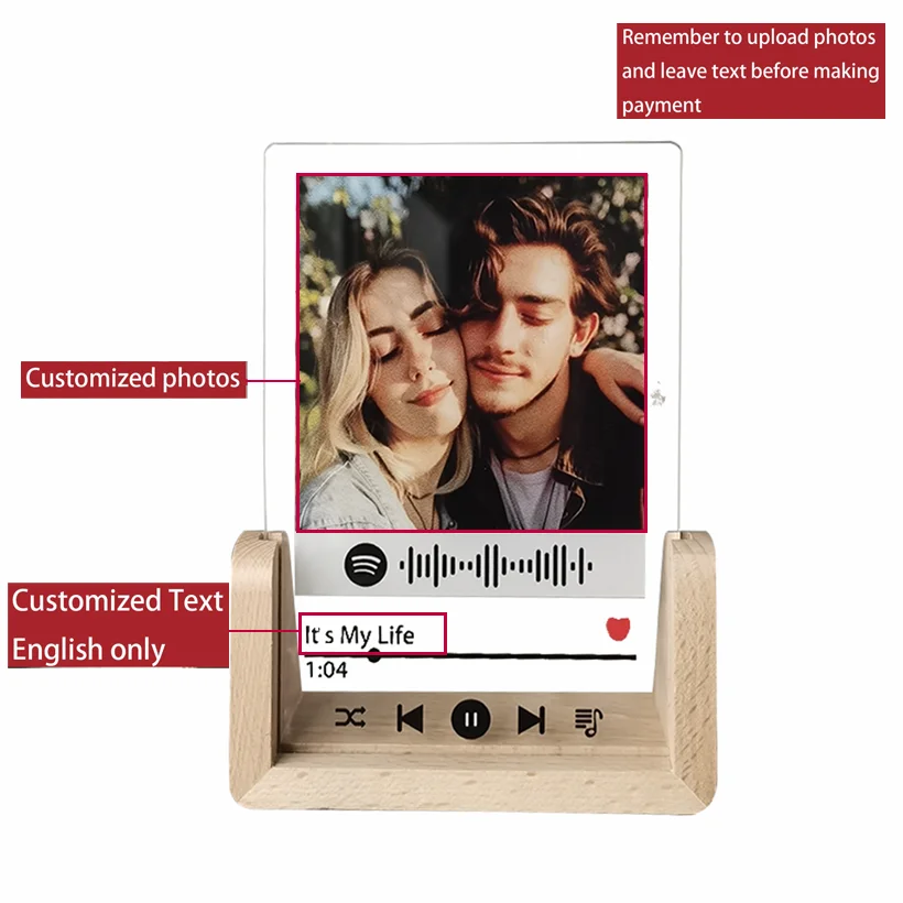 Custom Acrylic Photo Frame Wooden Spotify Song Code Picture Frame For Couple Personalized Wedding Anniversary Commemorative Gift