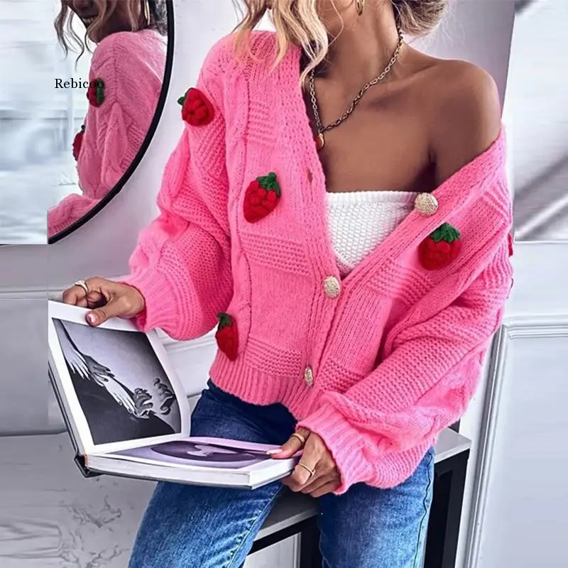 Women Elegant trawberry Print Sweater Cardigan Autumn Winter Casual Loose Ribbed Cardigan Fashion Long Sleeve Button Jumper Coat