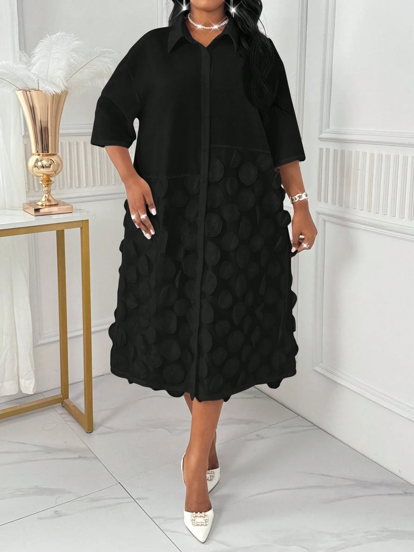 

Elegant Black Shirt Dress With 3/4 Sleeve And Floral Texture Midi Office Wear