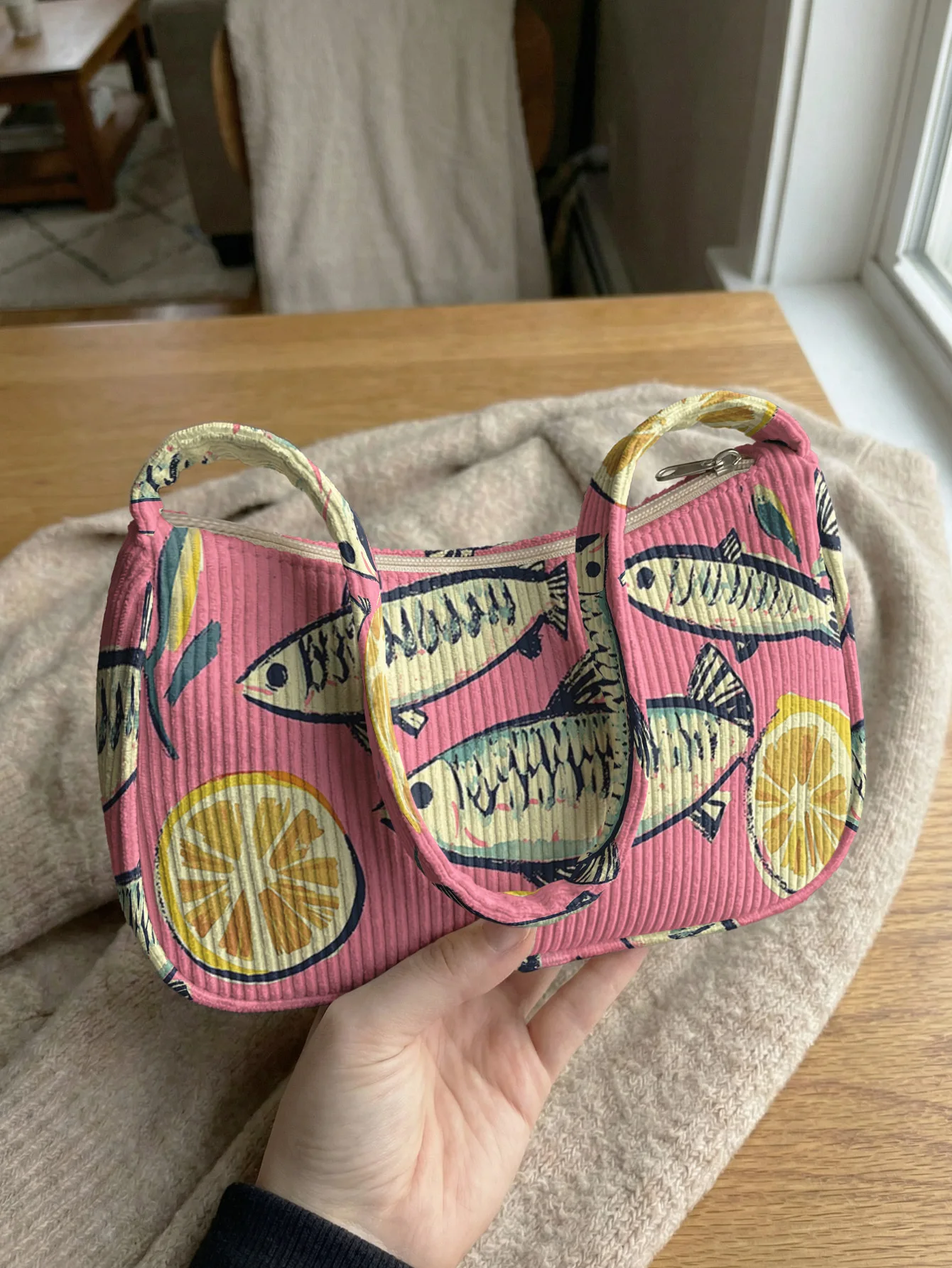 Trendy Fish & Lemon Print Shoulder Bag, Pink Corduroy Underarm Bag for Daily Casual Use
