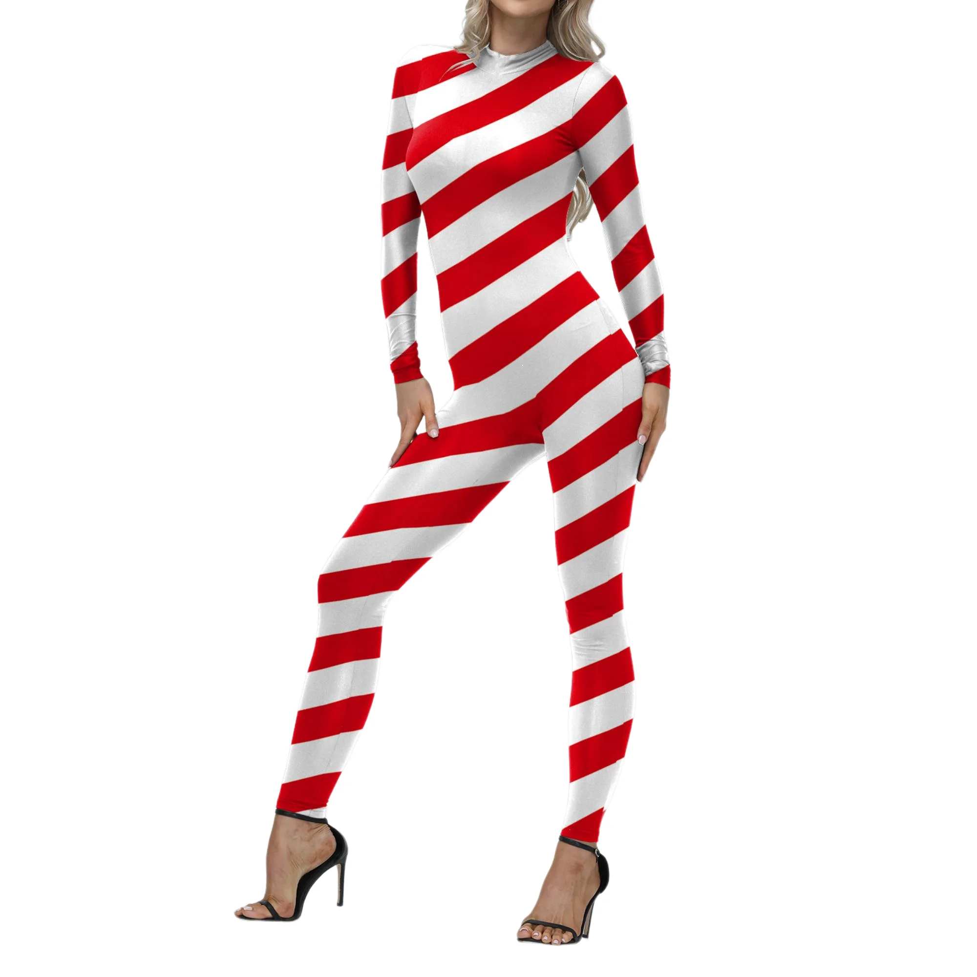 Red Candy Cane เครื่องแต่งกายผู้หญิงคริสต์มาสคอสเพลย์ Catsuit Jumpsuits Xmas Party เสื้อผ้าผู้ชาย Carnival Dress Up Zentai Bodysuits