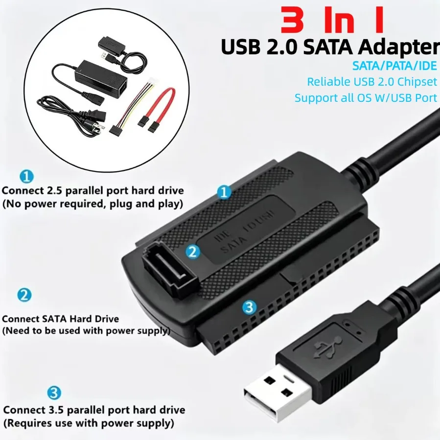 3-in-1 SATA to USB Adapter USB 2.0 to SATA IDE PATA Converter for 2.5