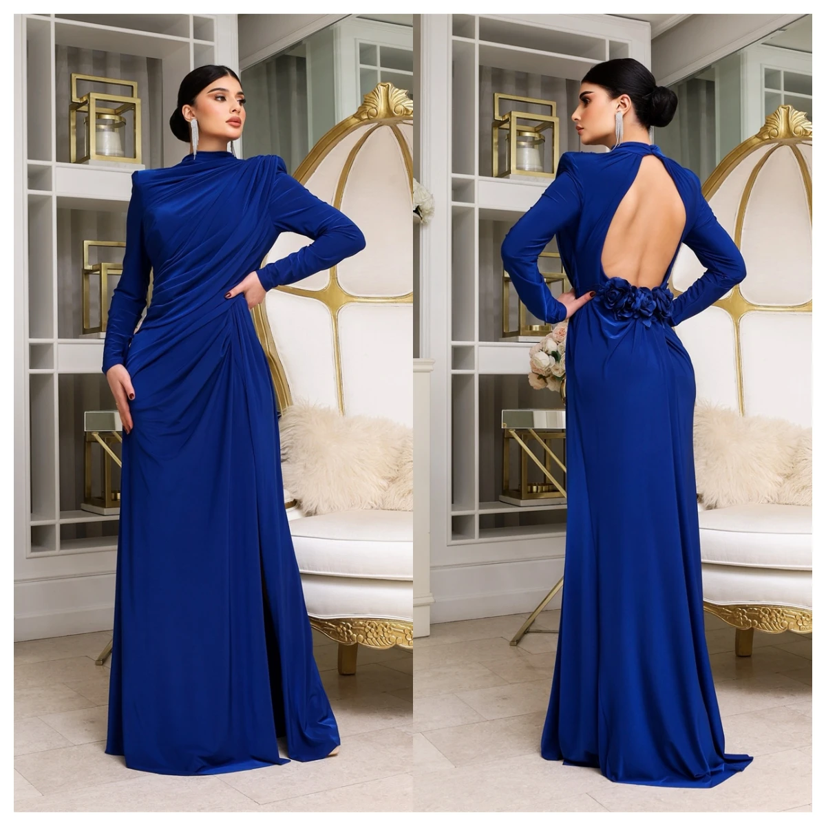 Customized High Quality Navy blue Satin Evening Dress High Collar Long Sleeves Celebrity Gowns Flowers Special Occasion Gowns