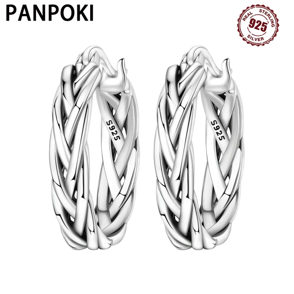 PANPOKI Original 925 Sterling Silver Basic Minimalist Woven Earrings Women Ear Studs Hoop Earring Anniversary Jewelry Gifts