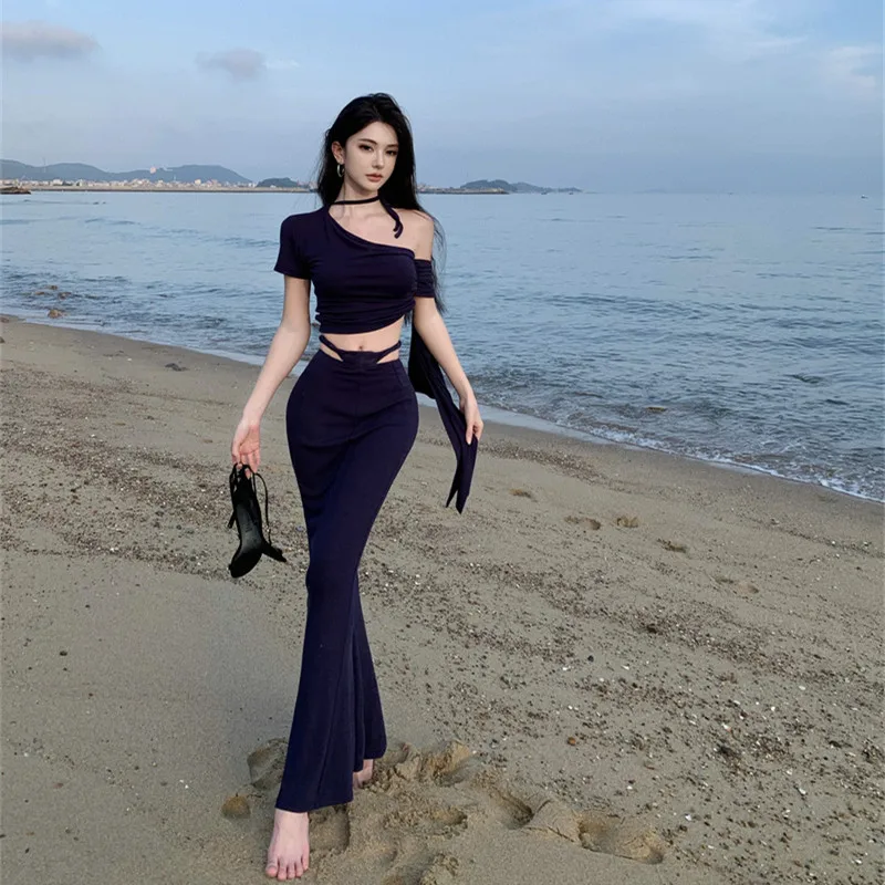 

Sexy Beach Style Suit Women's Summer Diagonal Shoulder Top High Waist Mermaid Long Skirt Two-piece Set Fashion Female Clothes