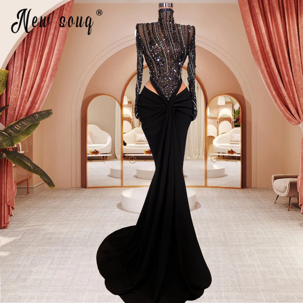 Dubai Muslim Long Sleeve Evening Dress Arabic High Neck Mermaid Formal Prom Party Gowns Women Robe Soirée Female Gala Dresses