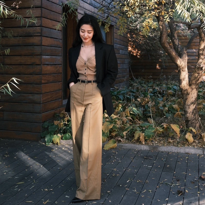 

Yang Caiyu High Waist Wide Leg Pants Draped Straight Casual Long Length Suiting Women's Cotton Blend Casual Trousers
