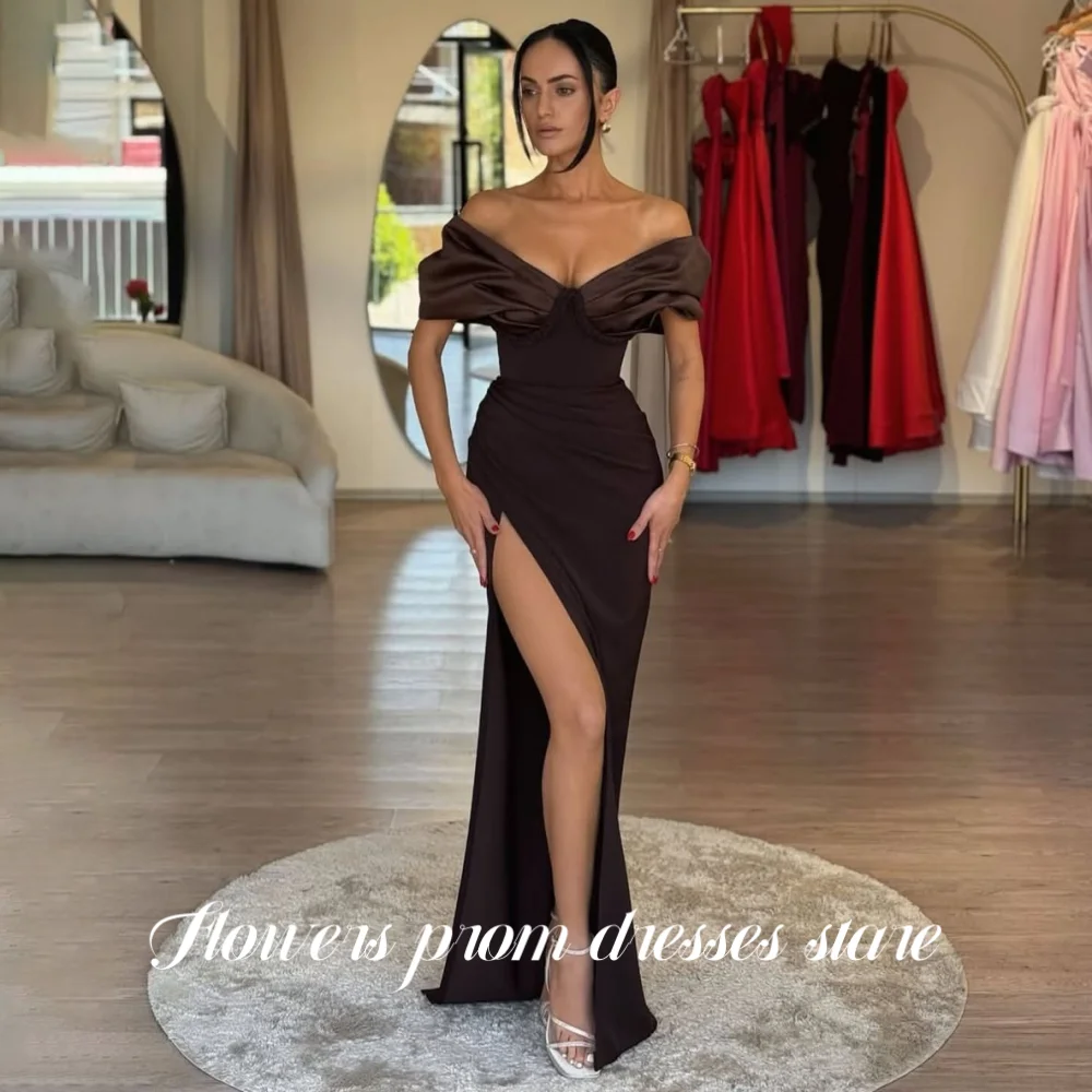 

Flowers Off Shoulder Prom Dress Trumpet Party Dress with Split Pleats Satin Evening Dress Formal Occasion Dress فساتين مناسبة ر