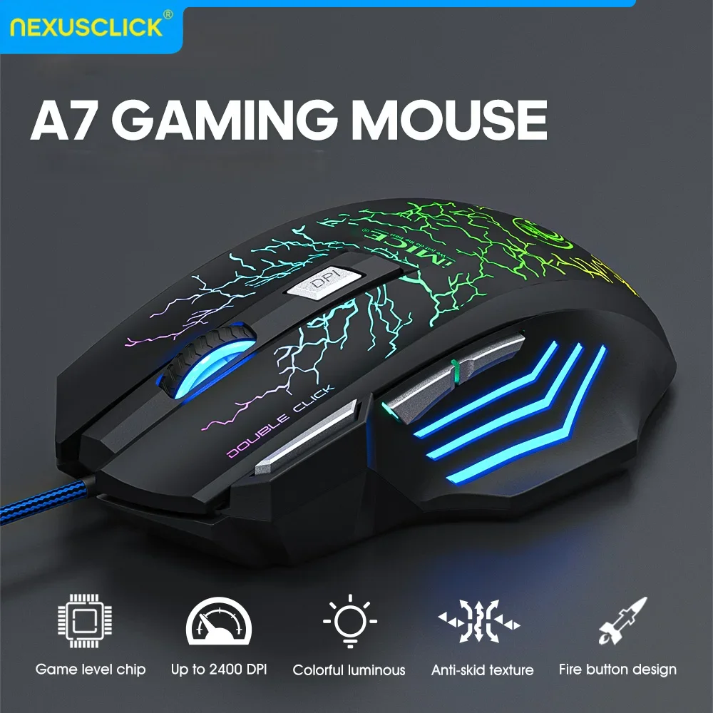 NexusClick New Hyperspeed USB Gaming Mouse, RGB Backlit 2400 DPI Ergonomic Game Mice 7D Esports Wired Mouse for Laptop PC Gamer