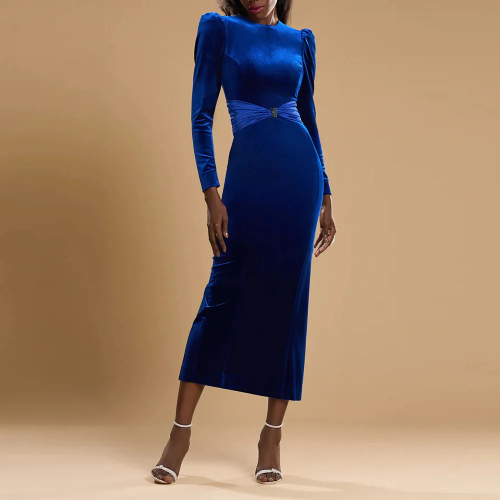 

Customized Velvet Vinatge Evening Dresses Long Sleeve O-Neck Long Straight Split Prom Dresses Mid-Lenghth Cocktail Party Dresses