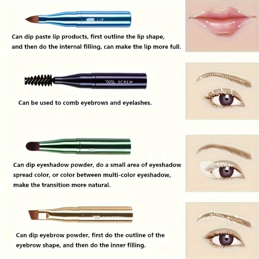 مجموعة فرش مكياج محمولة 4 في 1، فرش للحواجب والشفاه بمقبض معدني مع أدوات تطبيق الرموش وظلال العيون، مناسبة للسفر