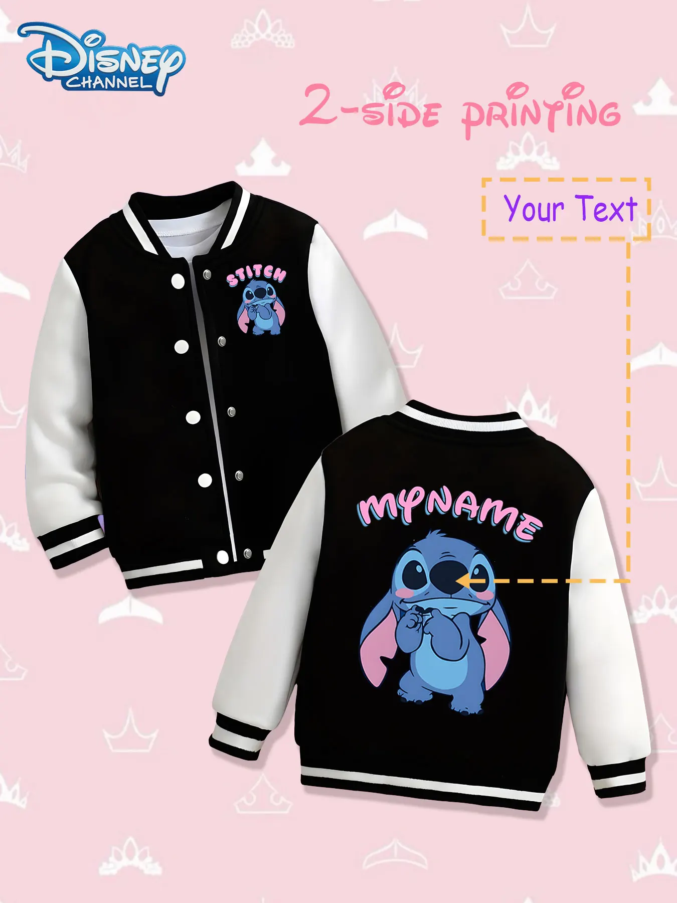 

MINISO Disney Stitch girls' baseball jacket - double-sided print design, warm and fashionable in autumn and winter, suitable for