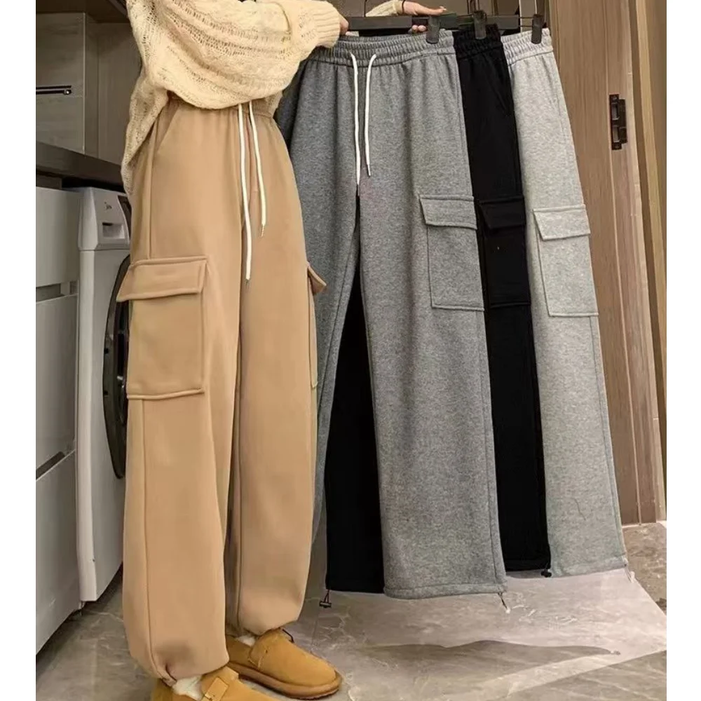 Autumn Winter Women Pants Elastic Waist Drawstring Large Pocket Trousers Youthful Loose Casual Sports Solid Straight Cargo Pant