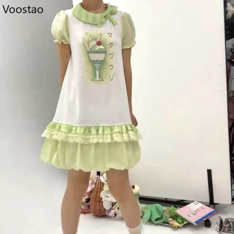 Vintage Süße Lolita Stil Kleid Frauen Japanische Kawaii Spitze Rüschen Party Mini Kleider Koreanische Nette Print Puff Sleeve Fee Kleid
