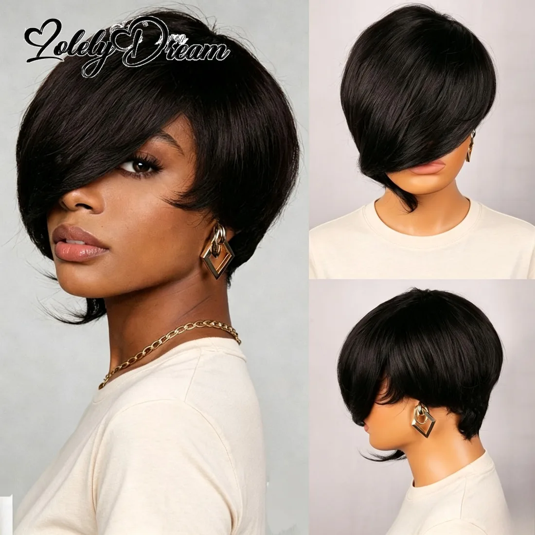 10A Side Part Pixie Cut Human Hair Wig for Black Women, 1B Natural Black Short Layered Wig With Bangs Pre Cut Cap Natural Hairl
