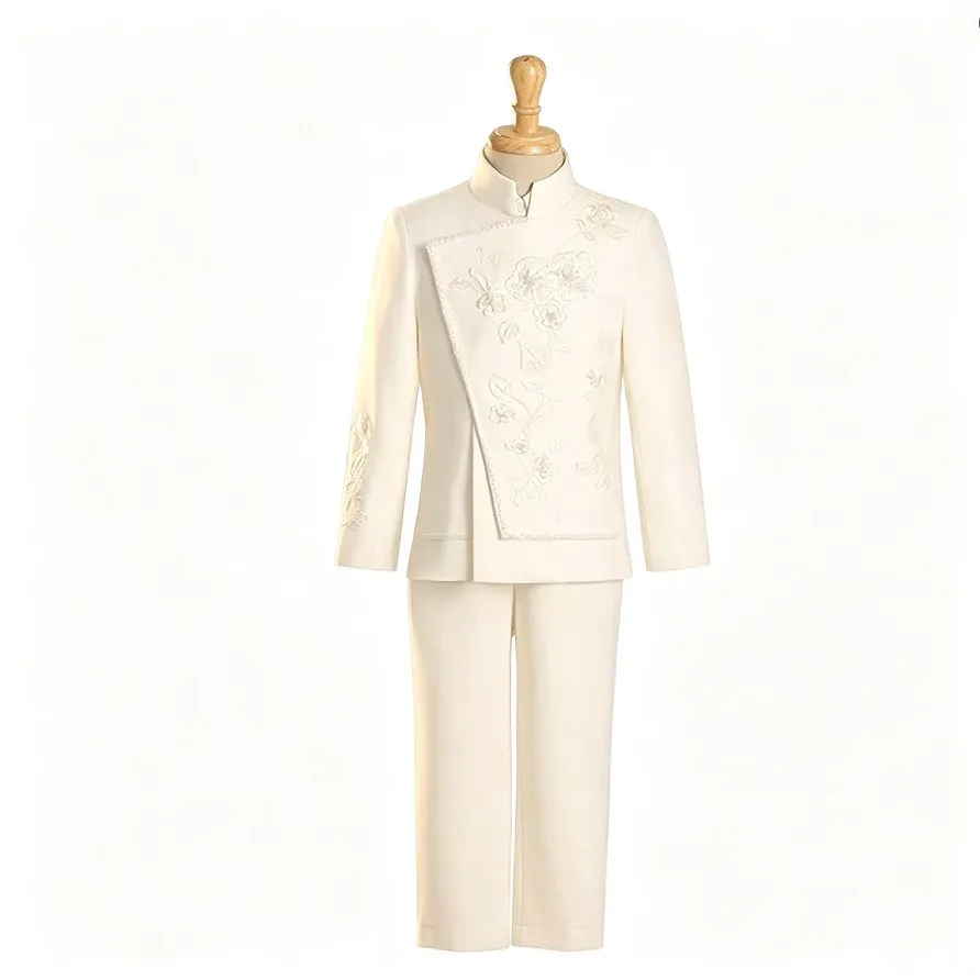 Boys Chinese Style Tuxedo Suit Kids Embroidery Stand Collar Formal Outfit Children Piano Host Stage Performance Party Wear A5002
