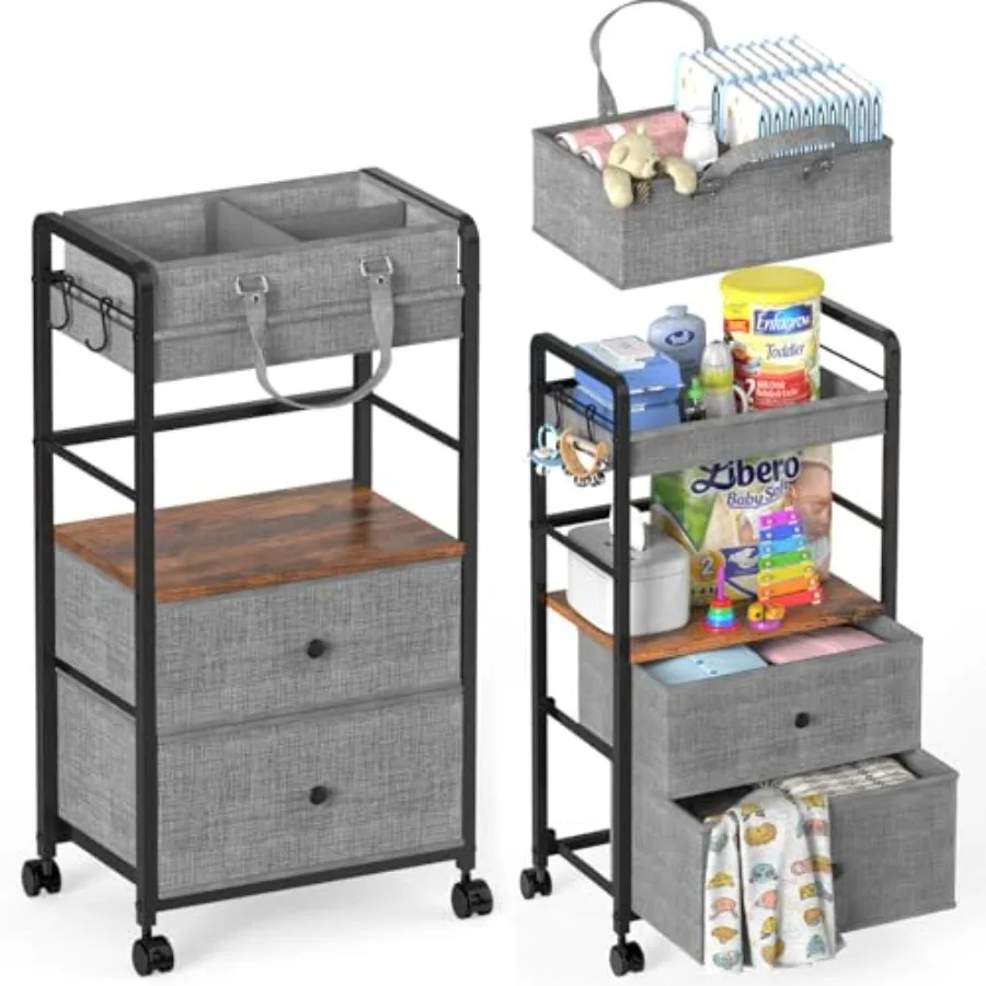 

2IN1 Baby Diaper Caddy Organizer and Rolling Cart Bedside Cart for Baby Essentials Nursery With Drawers Metal Mobile Diaper Cad