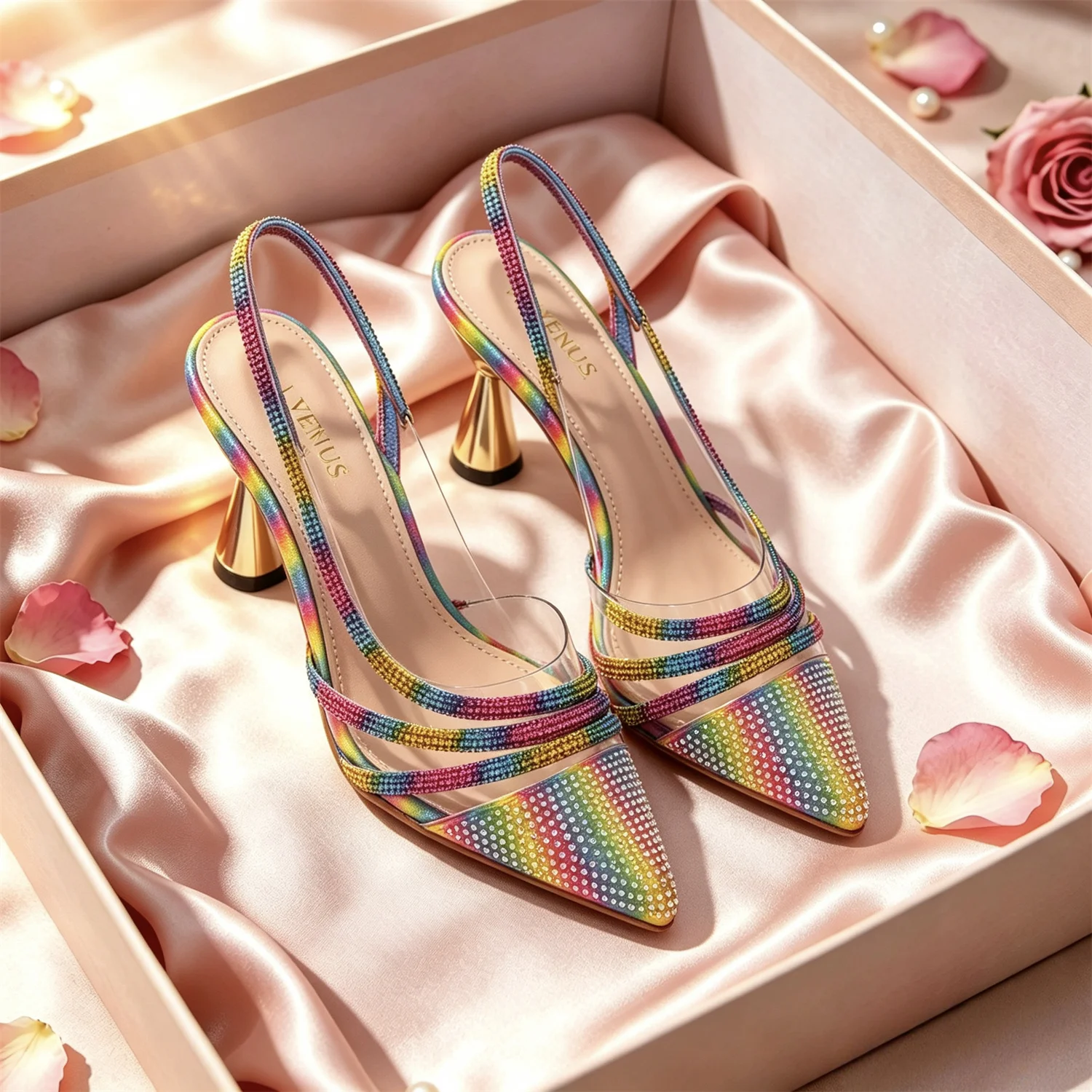Women Slingback Pointed Toe High Heels Rainbow Rhinestone Crystal Pumps Elegant Cone Heel Shoes For Wedding Party Evening Dress