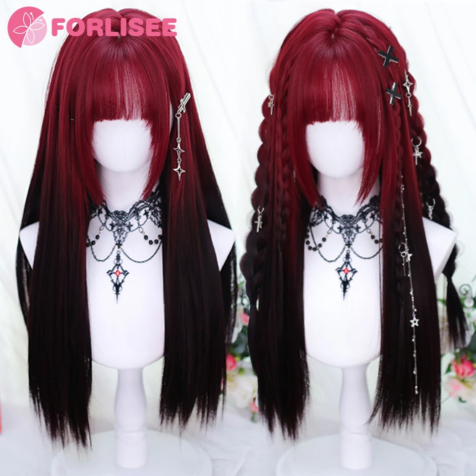 

Black Wine Red Long Wavy Synthetic Wig High Temperature Natural Wig with Bangs Colorful Party Cosplay Hair for Black Women