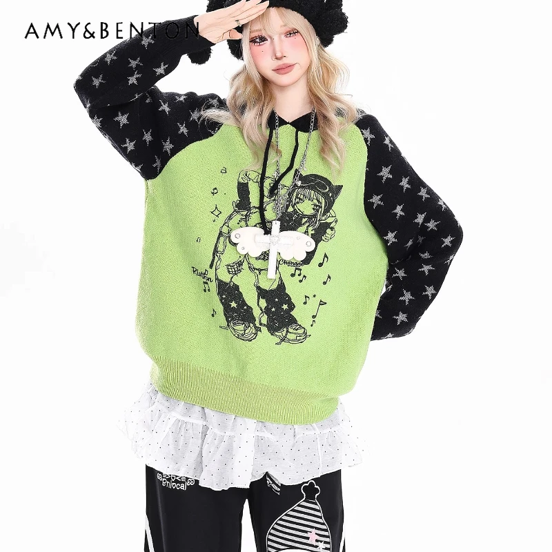 

Autumn Winter New 2D Girl Pattern Hooded Women’s Pullovers Original Design Retro Casual Slimming Loose Knitted Sweater Ladies
