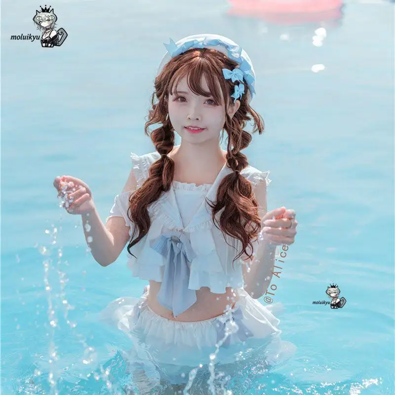 Kawaii Japanese Woman's Swimsuit Sailor Collar Summer New Cute Hot Spring Student Cute Bow Top Skirt 2 Piece Set Split Swimsuit