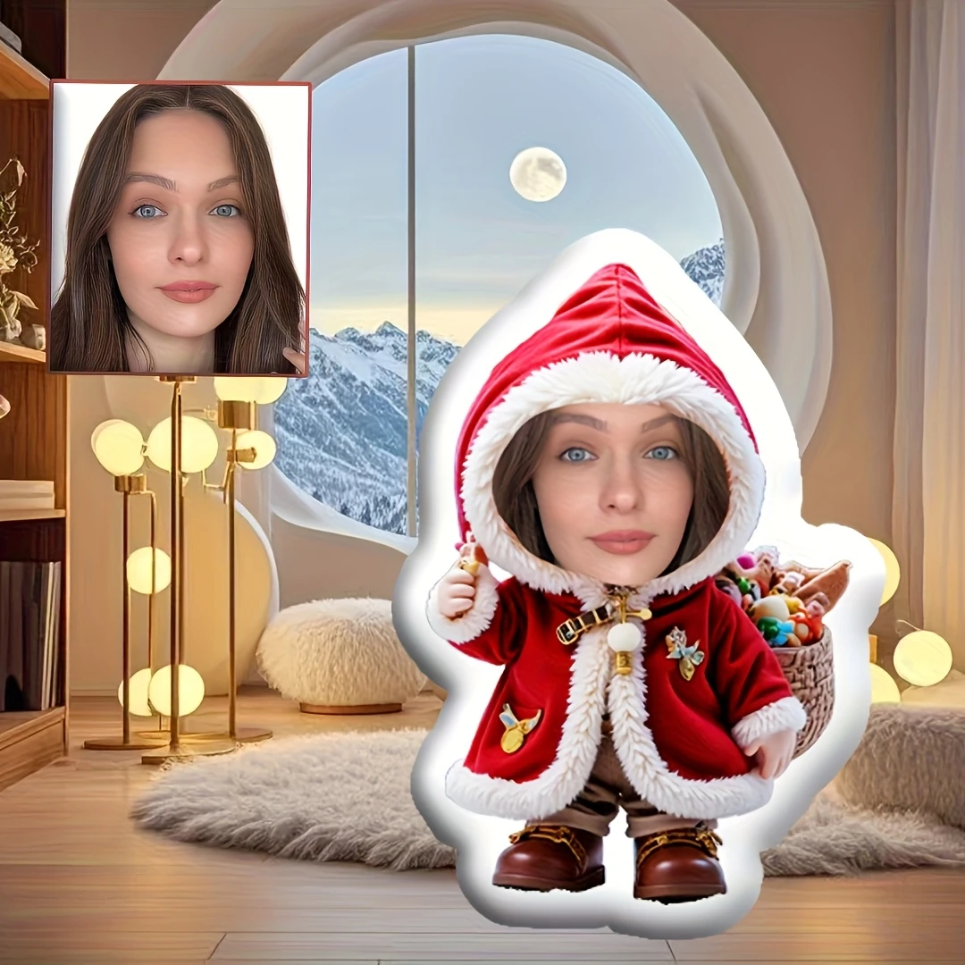 Custom Photo Print Red Hooded Jacket Shaped Pillow, Christmas Theme Personalized Face Pillow