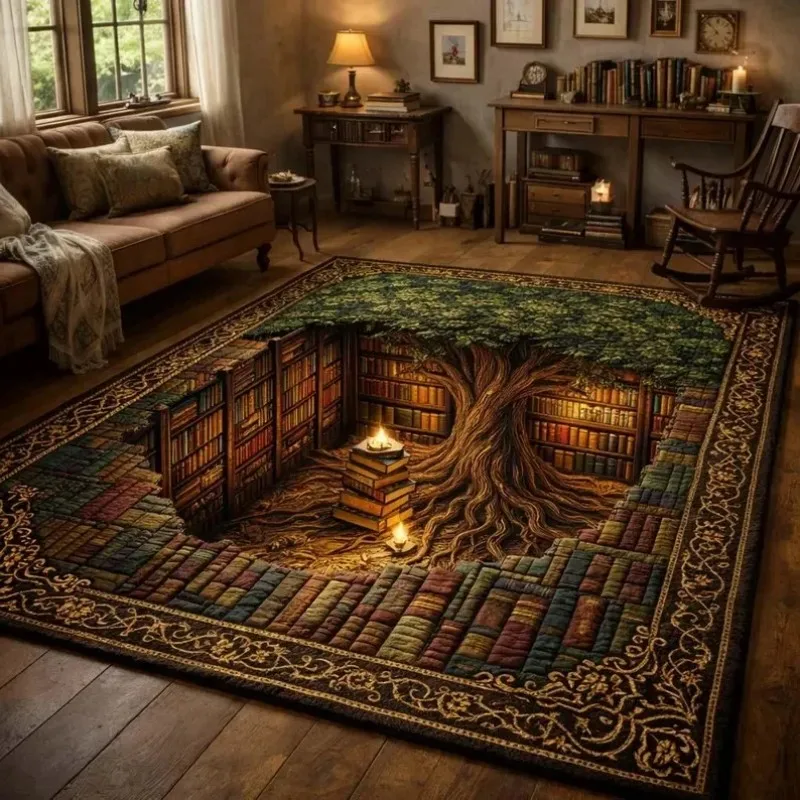 Optical Illusion Bookshelf Stairs Rug, Non-slip for Library Living Room Bedroom Book Lover Gift