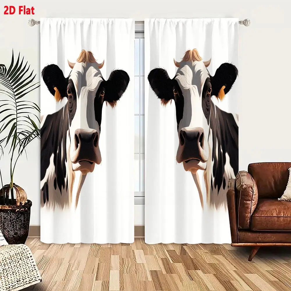 2Pcs Curtains 2D Flat Two Holstein Cow Heads Side By Side Black And White Digital Illustration Window Drapes for Bedroom Room De