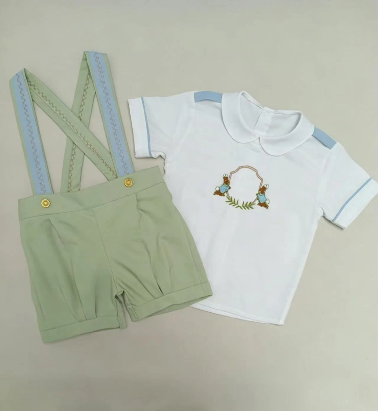 Summer Light Green Cotton Short Sleeves Boy Set with two Rabbits Embroidery for Easter Birthday Holiday Party Photography B593