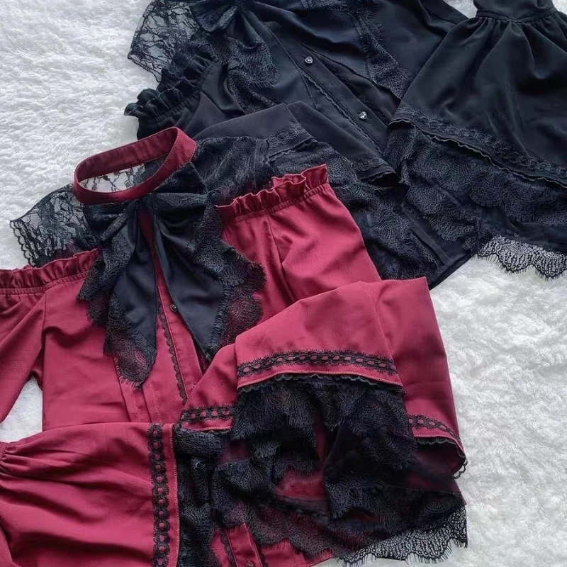 Chemisier japonais Lolita Kawaii pour femme, nœud esthétique Y2k, All Match JK, évider, Off Initiated Lace Patchwork Shirts