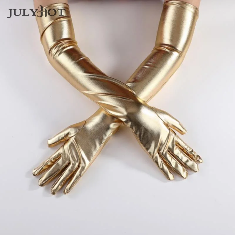 Silver Sexy Stretch PU Leather Skinny Long Glove Punk Rock HipHop Jazz Disco Dance Glove Shiny Metallic Mitten Cosplay Accessory